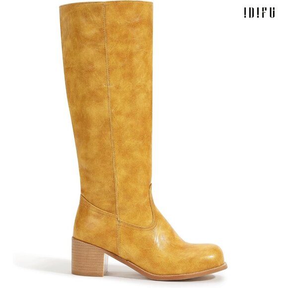 Women's Banana Yellow lDIFU Knee-High Square Toe Chunky Block Heel Riding Boots - Picture 5 of 6